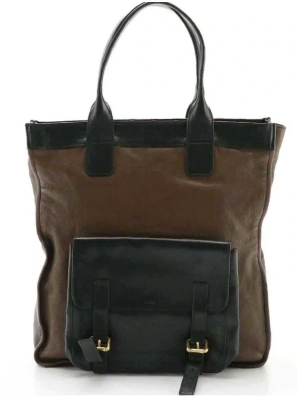 CHLOE FRONT POCKET TOTE BAG IN BROWN & BLACK LEATHER W/DETACHABLE POUCH